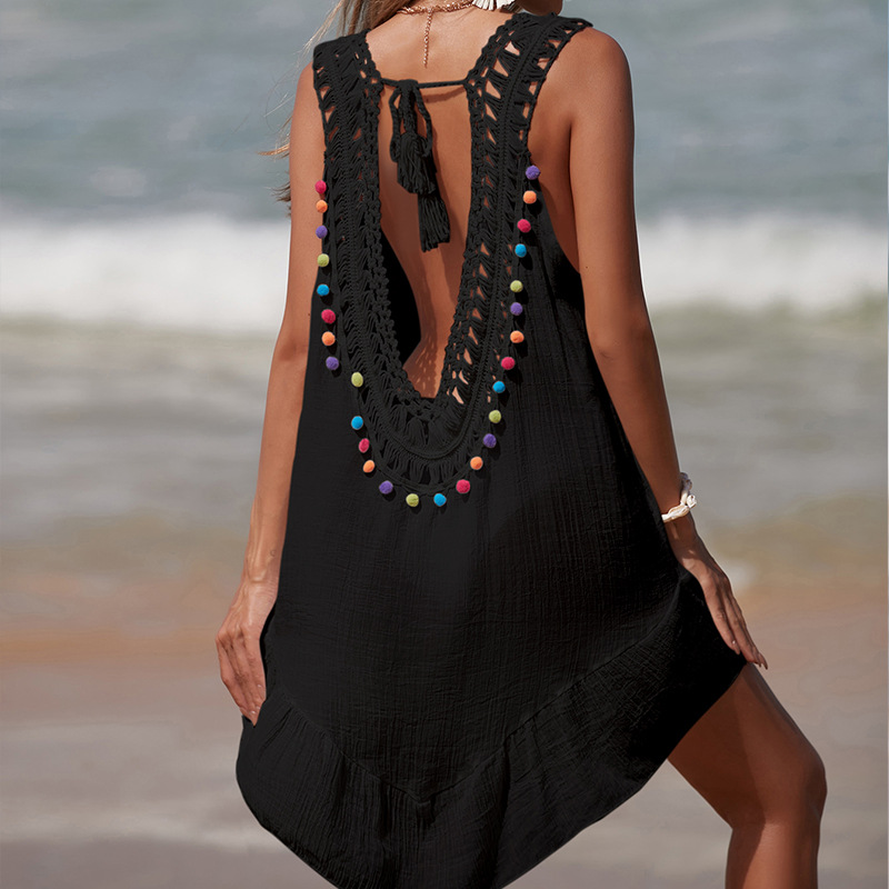 Womens Boho Beach Cover-Up Dress - Crochet V-Neck Sleeveless Mini Dress